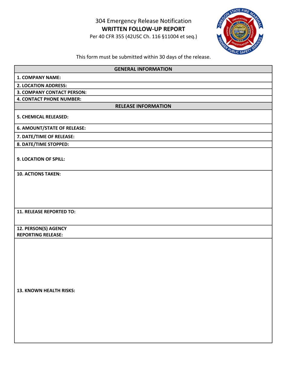 304 Emergency Release Notification Written Follow-up Report - Oregon, Page 1