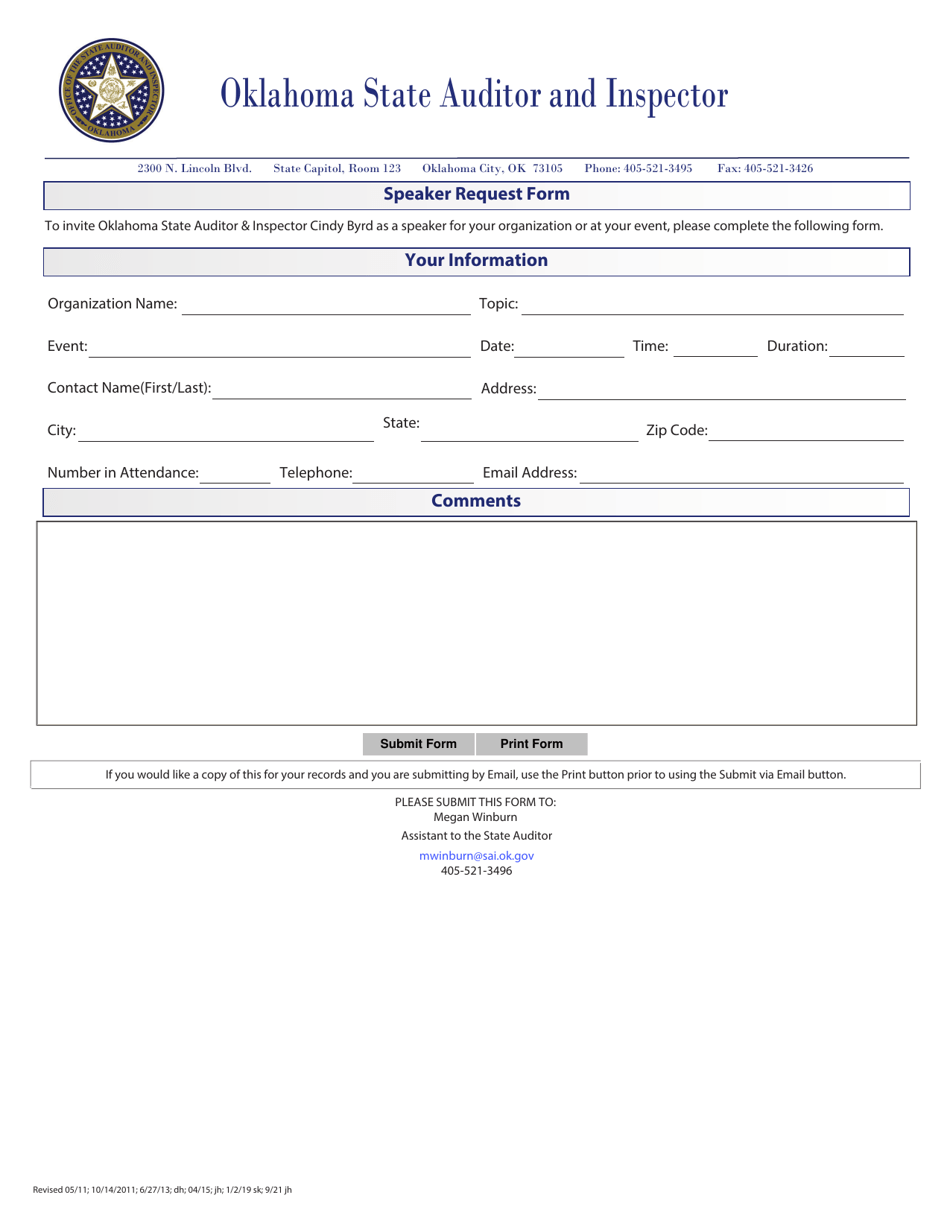 Speaker Request Form - Oklahoma, Page 1