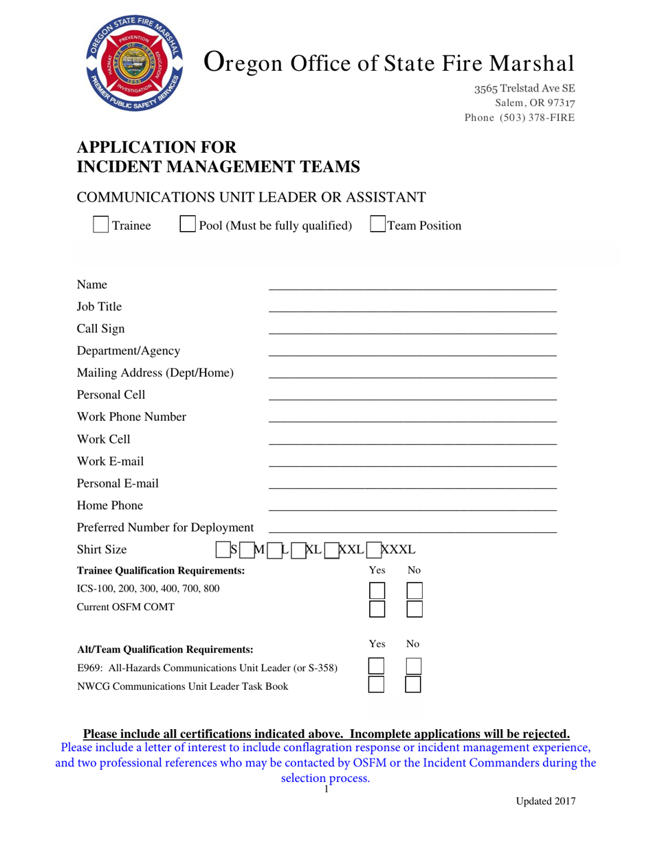 Application for Incident Management Teams - Communications Unit Leader or Assistant - Oregon, Page 1
