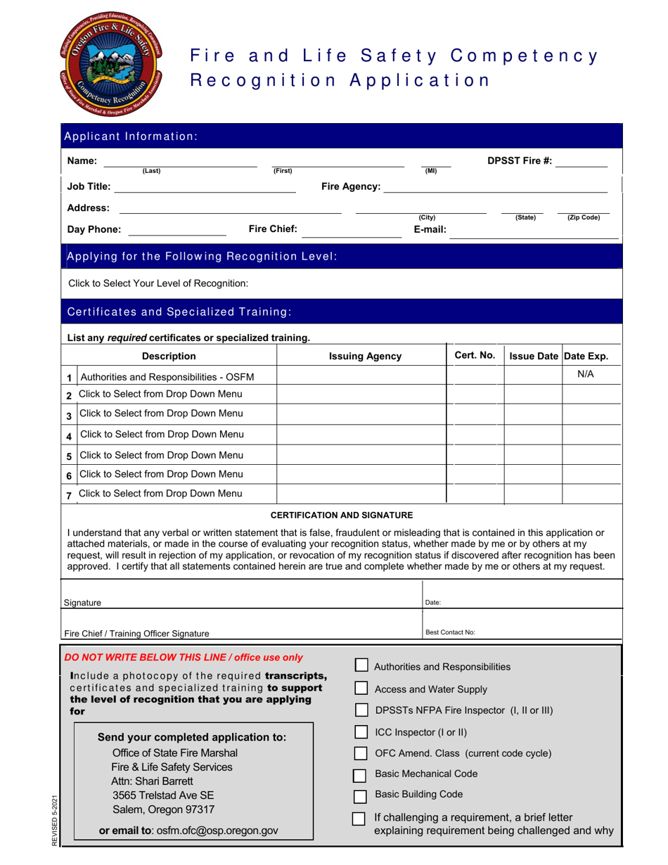 Fire and Life Safety Competency Recognition Application - Oregon, Page 1