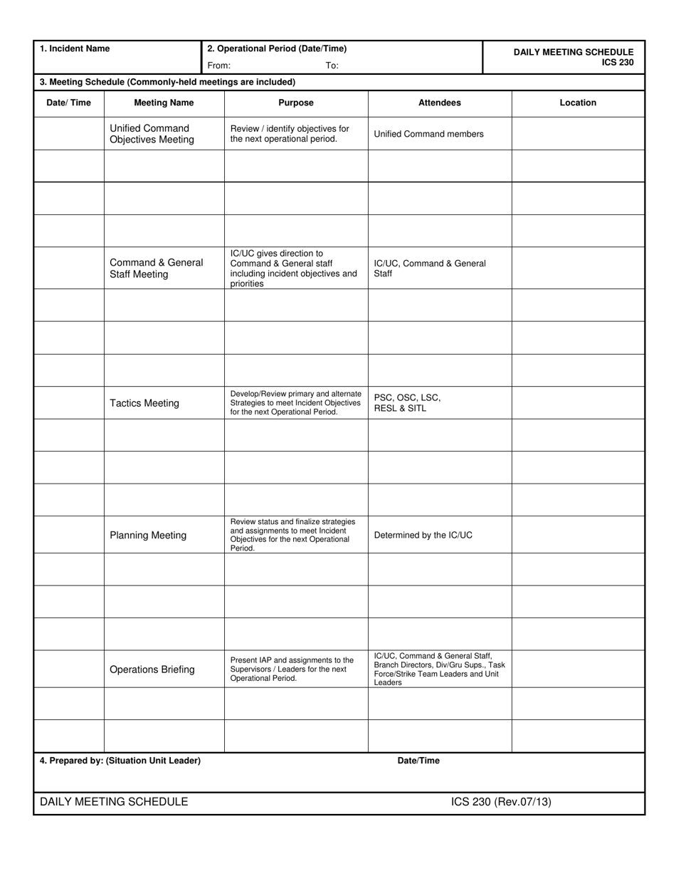 Form ICS230 Daily Meeting Schedule - Oregon, Page 1