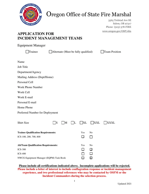 Application for Incident Management Teams - Equipment Manager - Oregon Download Pdf