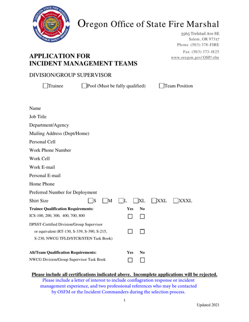 Application for Incident Management Teams - Division / Group Supervisor - Oregon Download Pdf