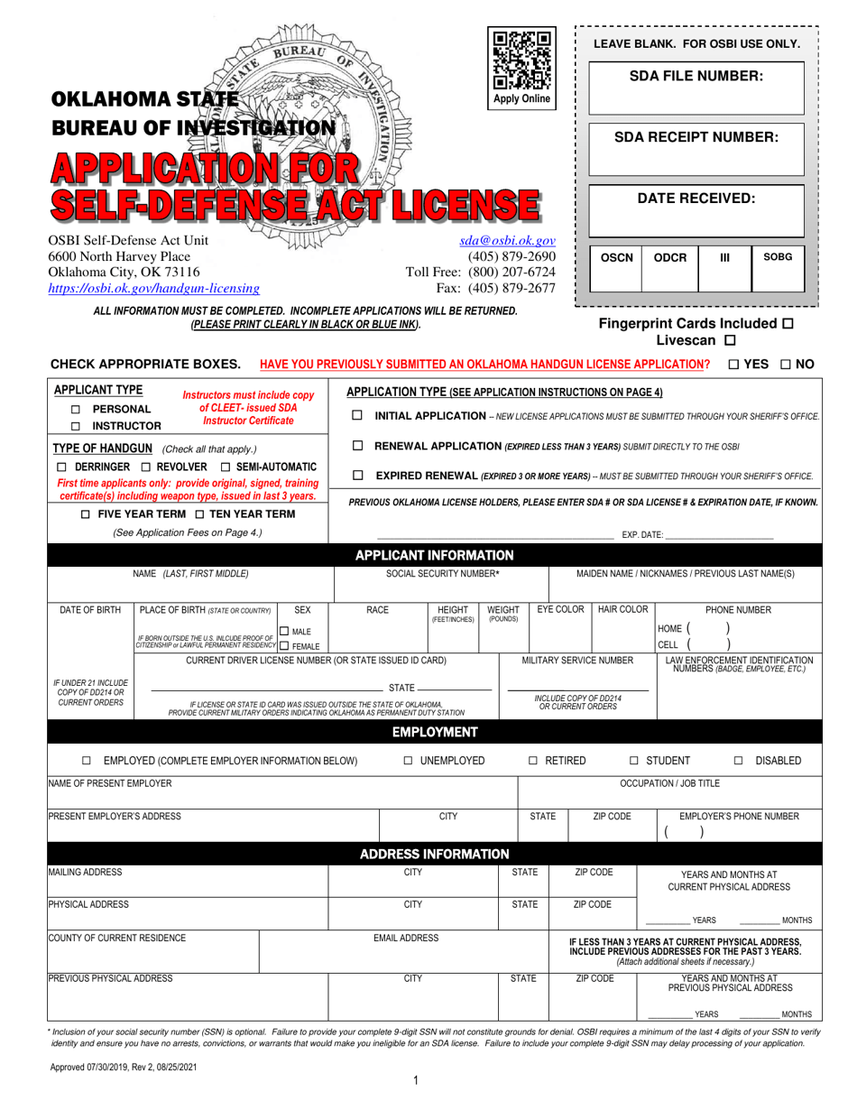 Application for Self-defense Act License - Oklahoma, Page 1