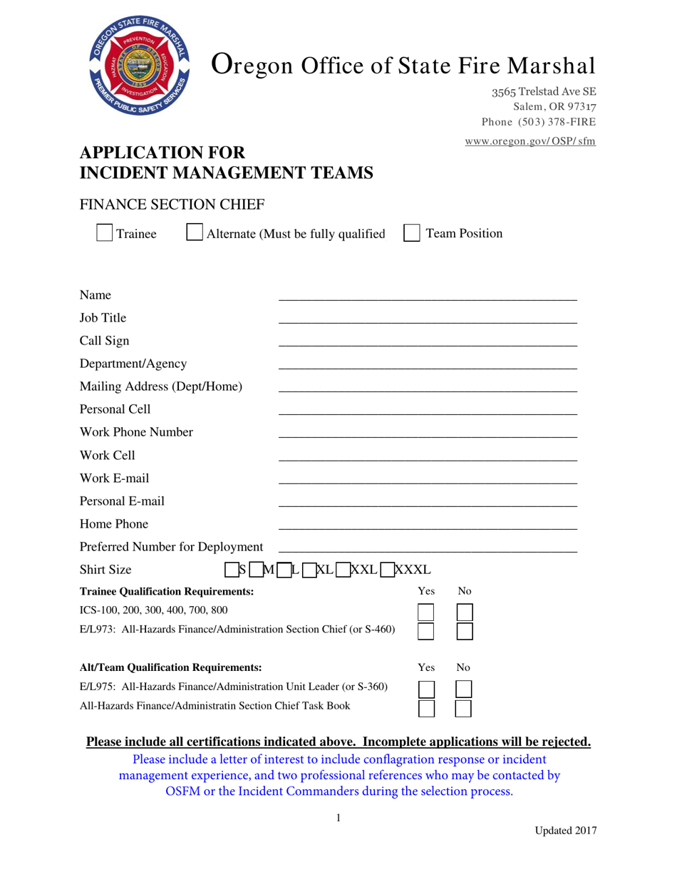 Application for Incident Management Teams - Finance Section Chief - Oregon, Page 1