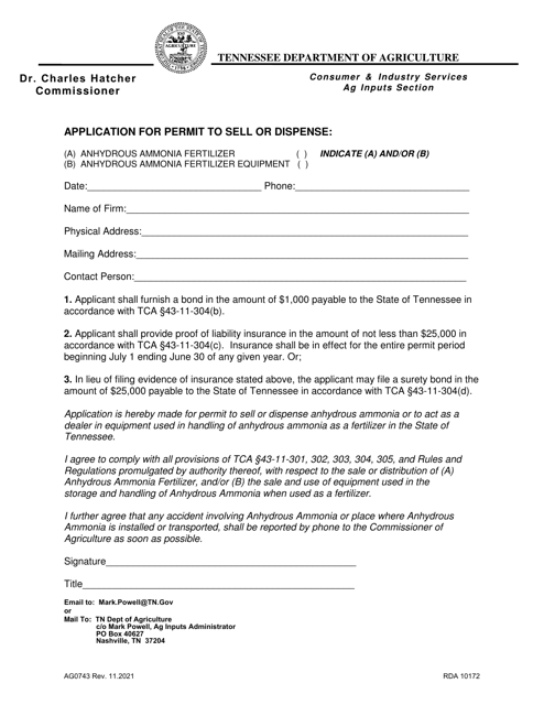 Form AG0743 Application for Permit to Sell or Dispense Anhydrous Ammonia Fertilizer and/or Equipment - Tennessee