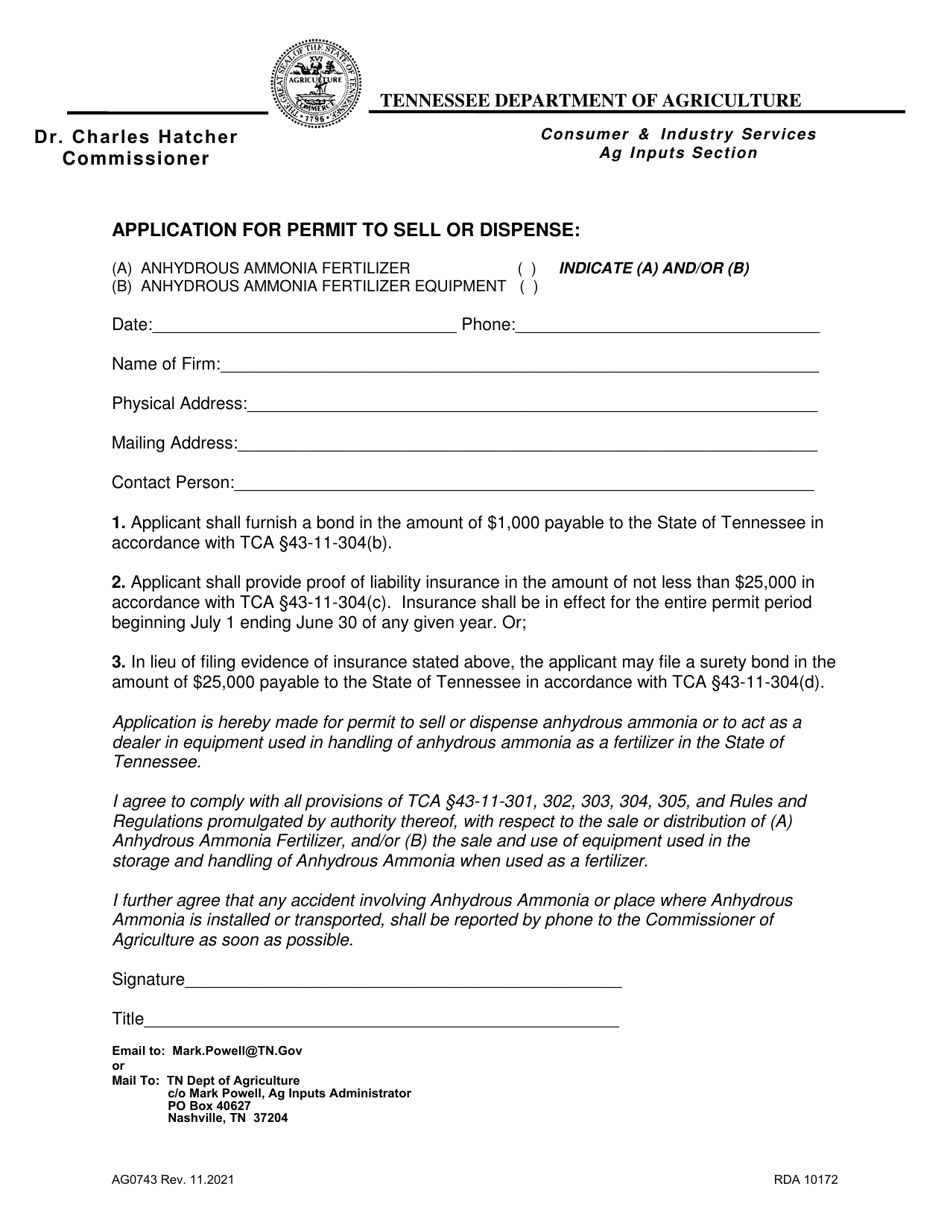Form AG0743 Application for Permit to Sell or Dispense Anhydrous Ammonia Fertilizer and / or Equipment - Tennessee, Page 1