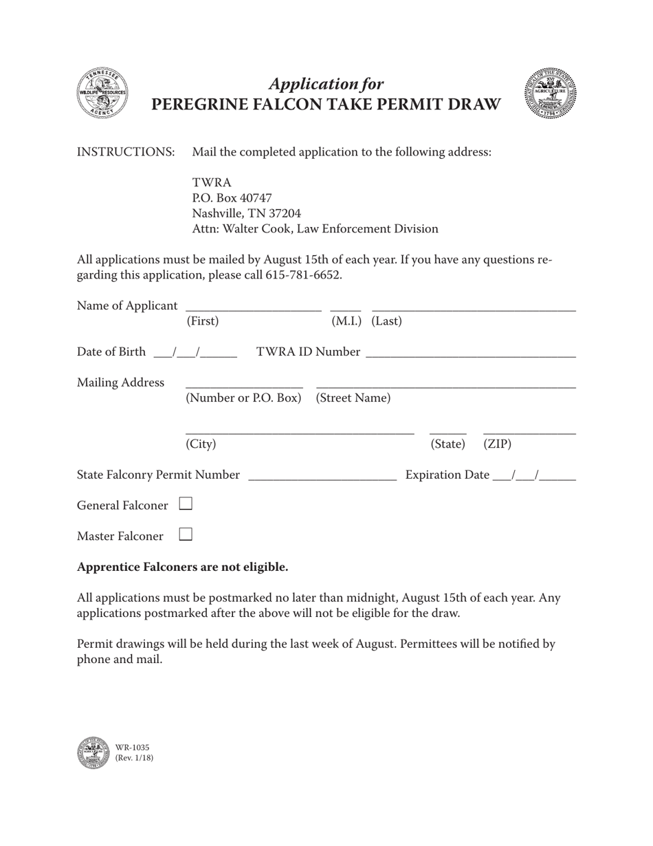 Form WR-1035 Application for Peregrine Falcon Take Permit Draw - Tennessee, Page 1