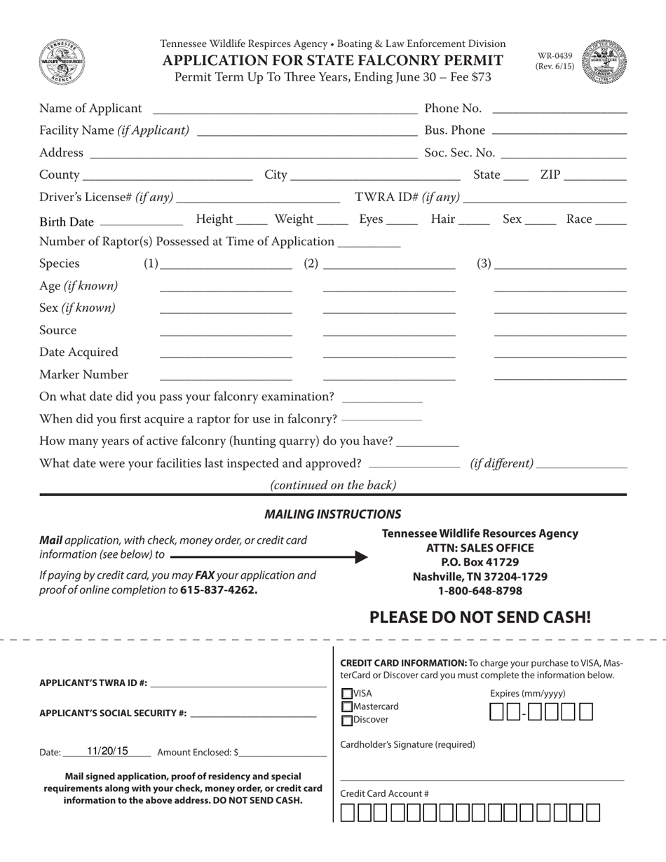 Form WR-0439 Application for State Falconry Permit - Tennessee, Page 1