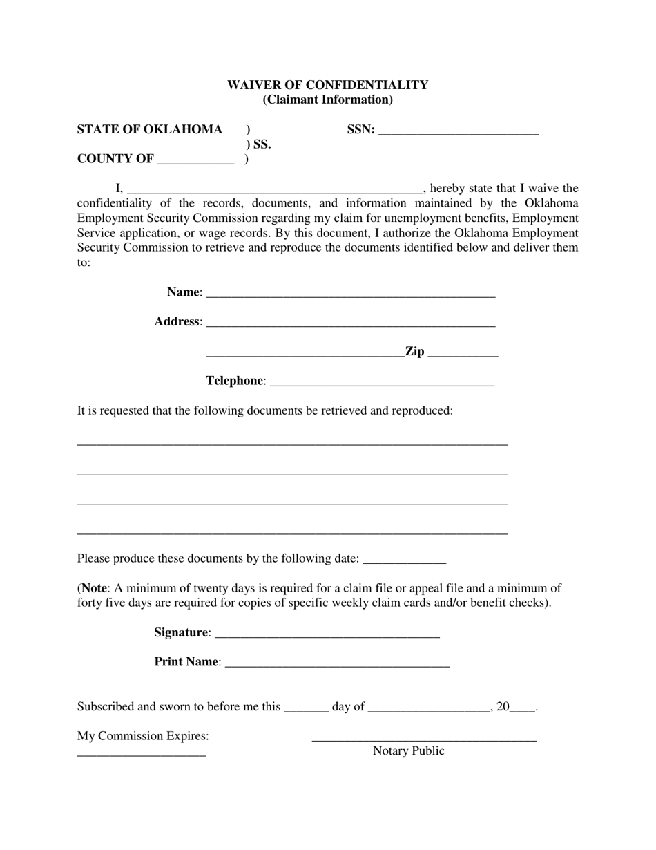 Individual Waiver of Confidentiality - Oklahoma, Page 1