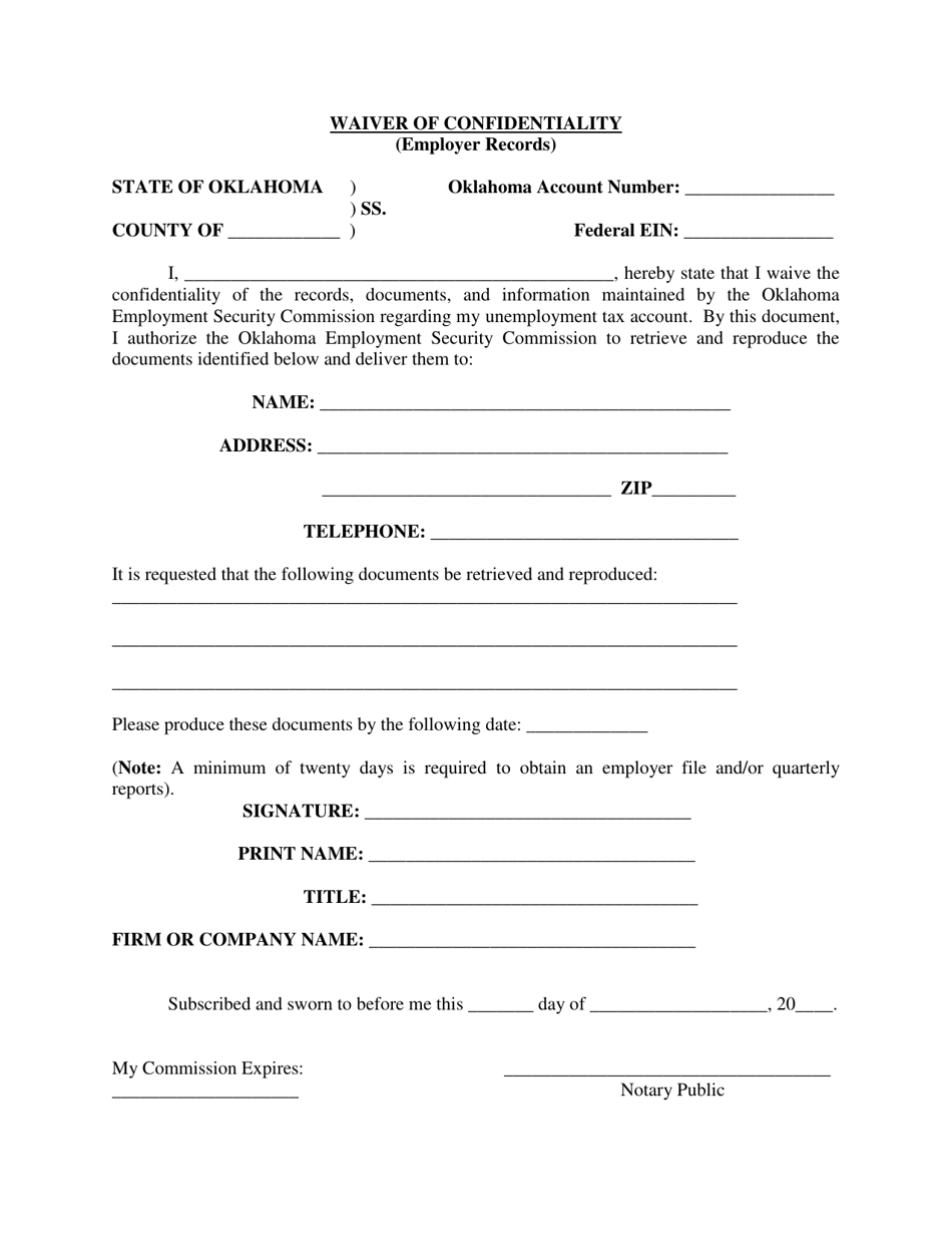 Waiver of Confidentiality (Employer Records) - Oklahoma, Page 1