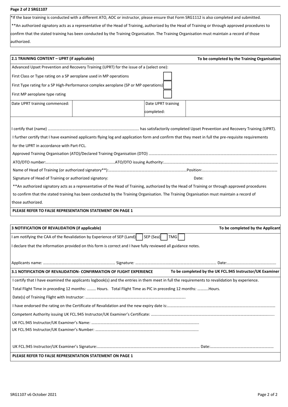 Form SRG1107 Course Completion Certificate for Issue, Revalidation, Renewal or Variation of a Single or Multi-Pilot Type / Class Rating or the Renewal of an Instrument Rating - United Kingdom, Page 2