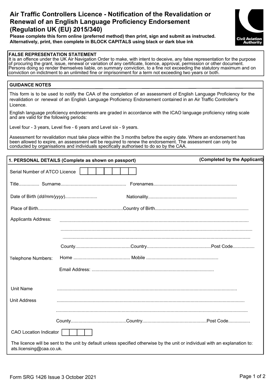 Form SRG1426 Air Traffic Controllers Licence - Notification of the Revalidation or Renewal of an English Language Proficiency Endorsement - United Kingdom, Page 1