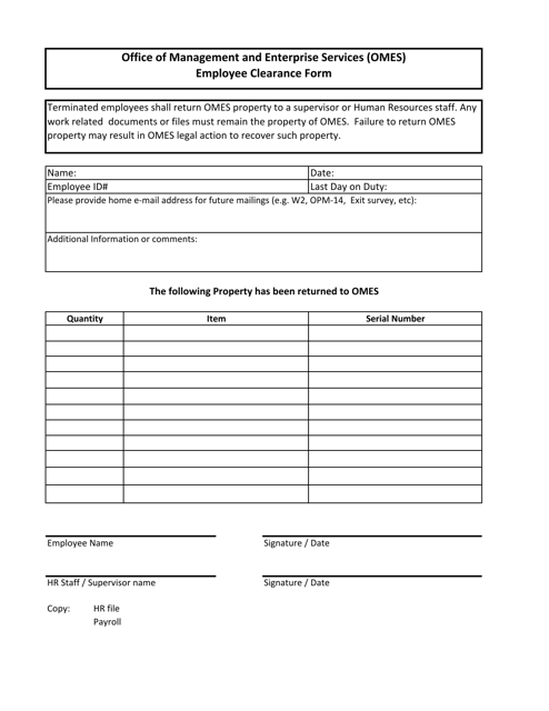 Employee Clearance Form - Oklahoma Download Pdf