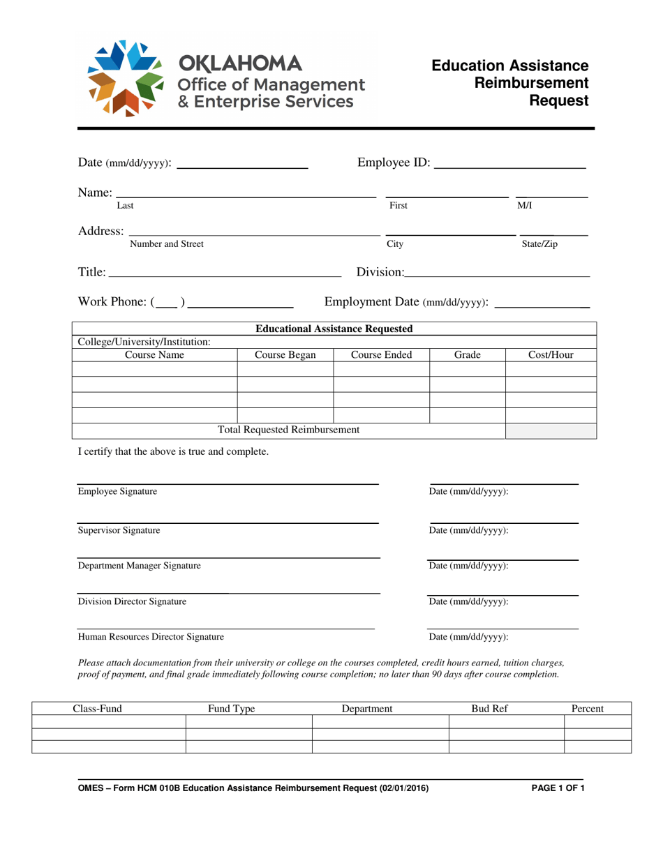 OMES Form HCM010B Education Assistance Reimbursement Request - Oklahoma, Page 1