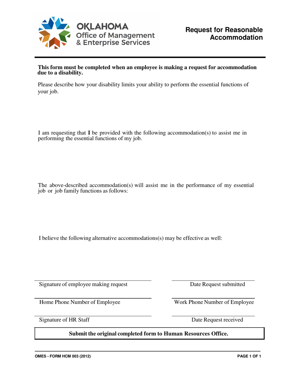 Form HCM003 Request for Reasonable Accommodation - Oklahoma, Page 1