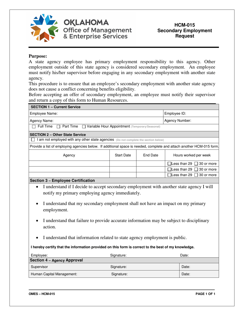 Form HCM-015 Secondary Employment Request - Oklahoma, Page 1