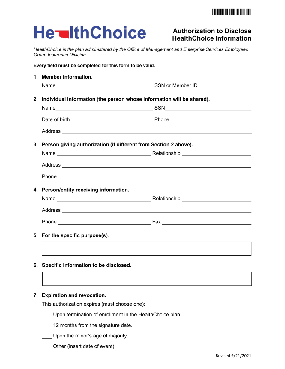 Oklahoma Authorization to Disclose Healthchoice Information Fill Out