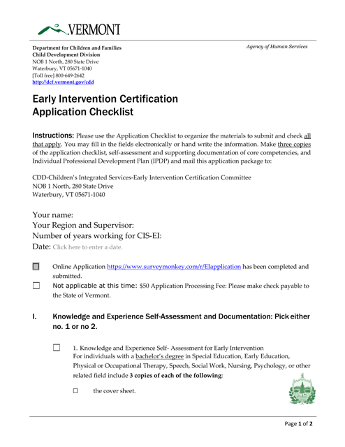 Early Intervention Certification Application Checklist - Vermont Download Pdf