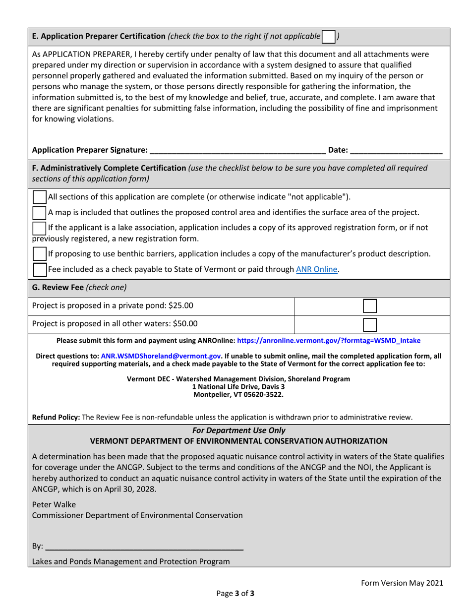 Aquatic Nuisance Control Activity Notice of Intent - Vermont, Page 3