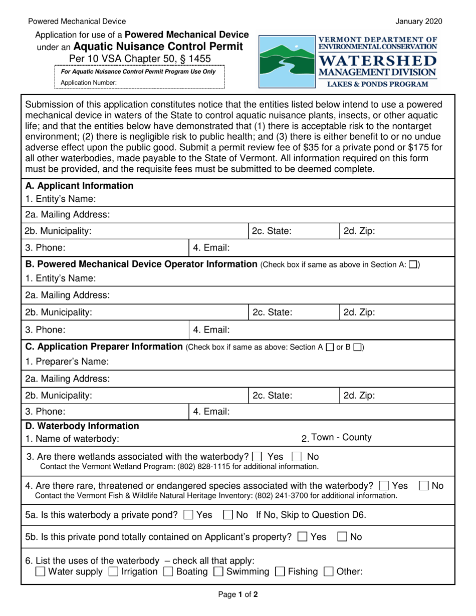 Application for Use of a Powered Mechanical Device Under an Aquatic Nuisance Control Permit - Vermont, Page 1