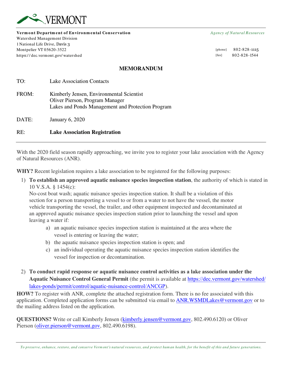 Lake Association Registration Application - Vermont, Page 1