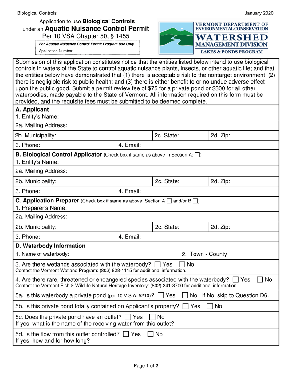 Application to Use Biological Controls Under an Aquatic Nuisance Control Permit - Vermont, Page 1