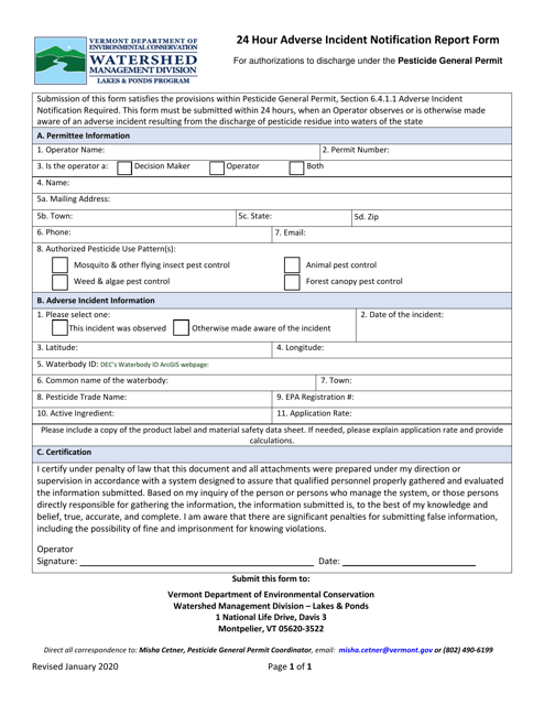 24 Hour Adverse Incident Notification Report Form - Vermont