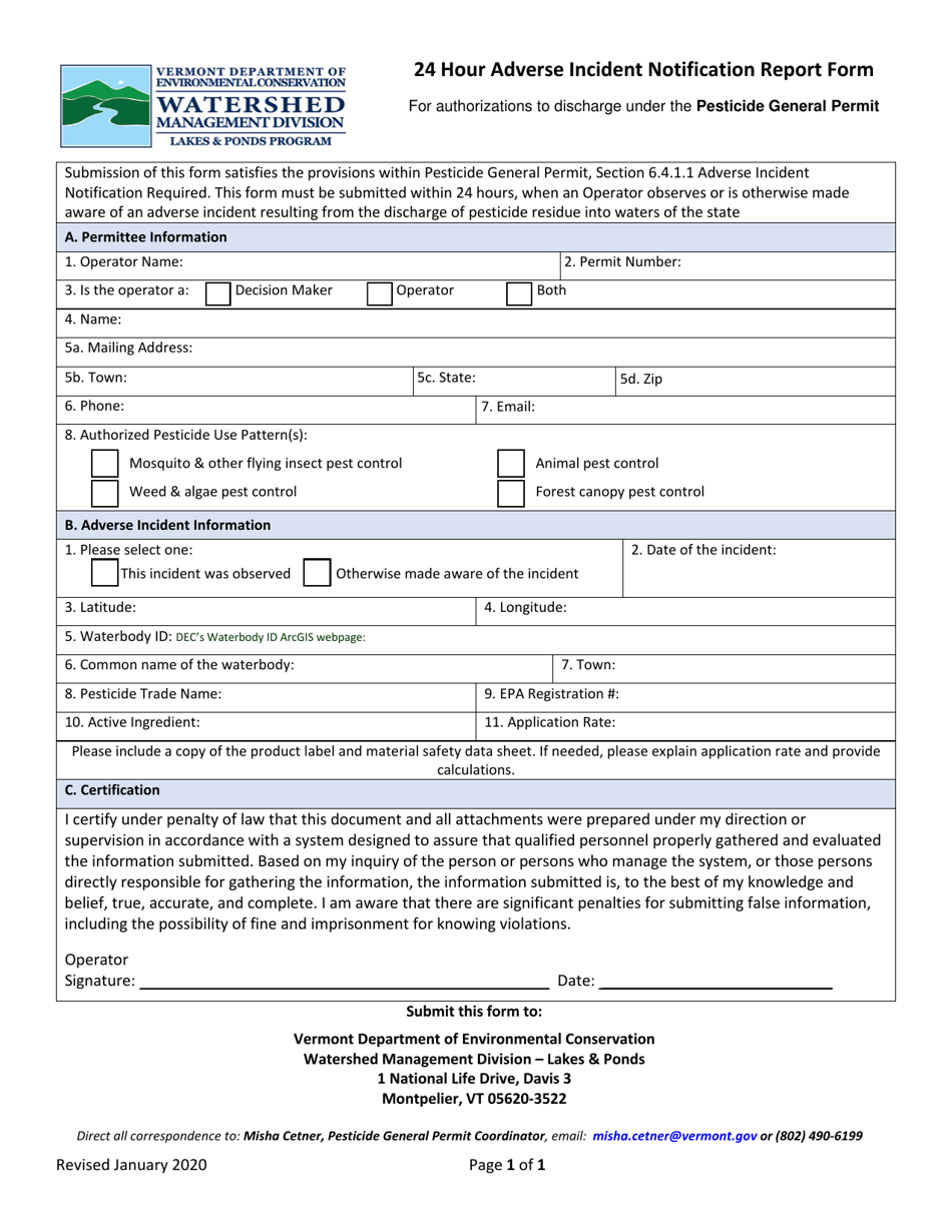 24 Hour Adverse Incident Notification Report Form - Vermont, Page 1