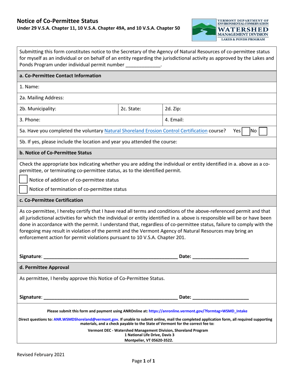 Notice of Co-permittee Status - Vermont, Page 1