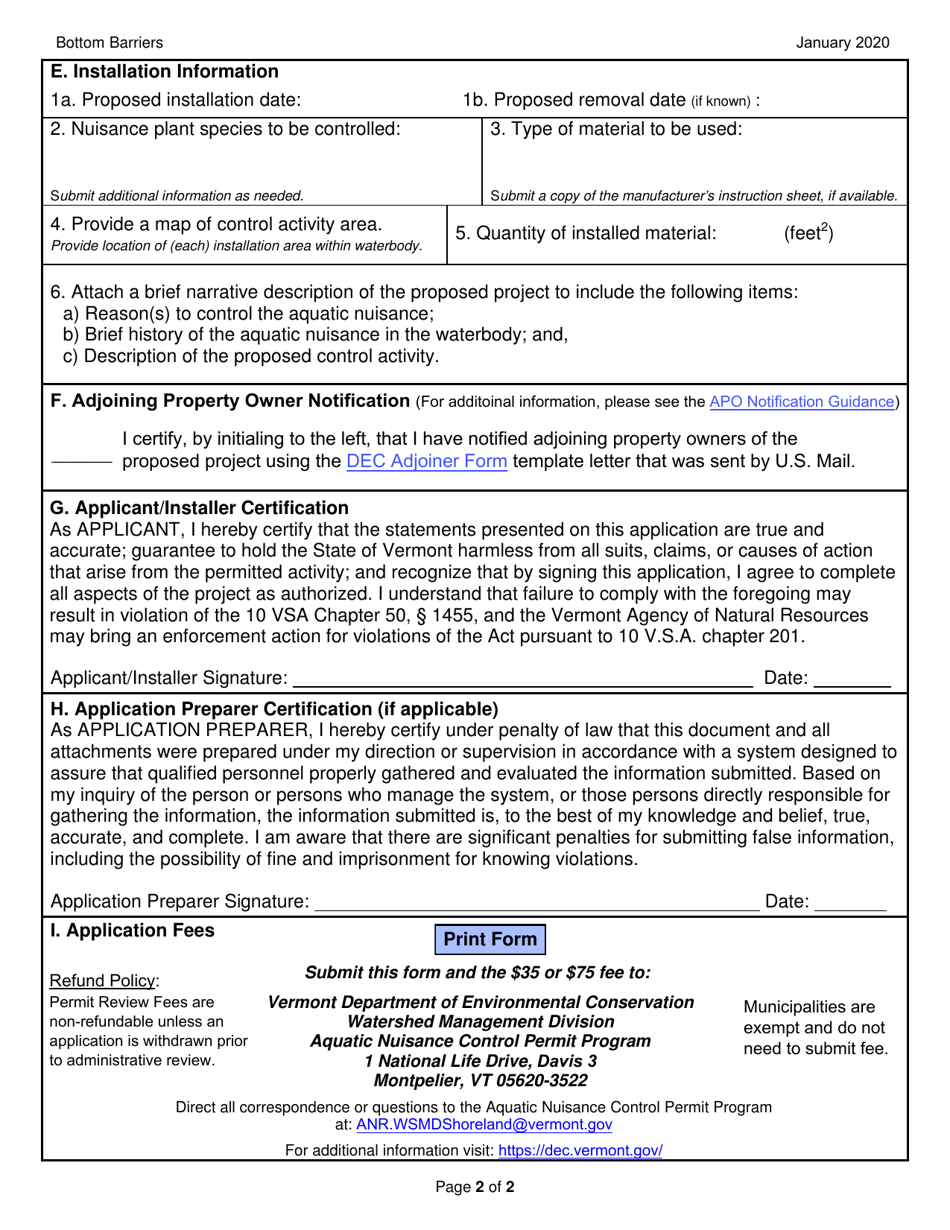 Application to Use Bottom Barrier Under an Aquatic Nuisance Control Permit - Vermont, Page 2