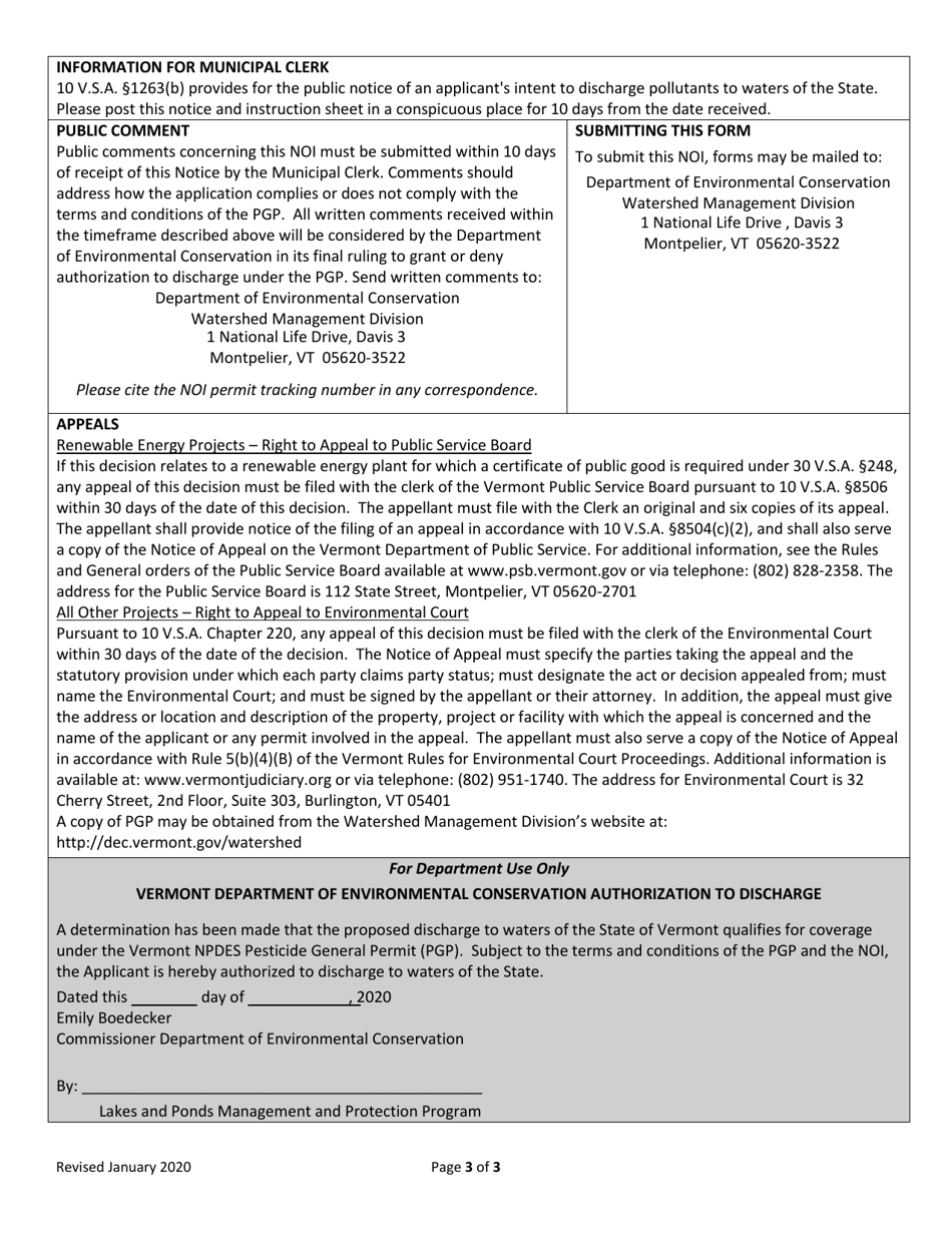 Notice of Intent (Noi) for Coverage Under the Pesticide General Permit (Pgp) for Discharges From the Application of Pesticides to Waters of the State of Vermont - Vermont, Page 3