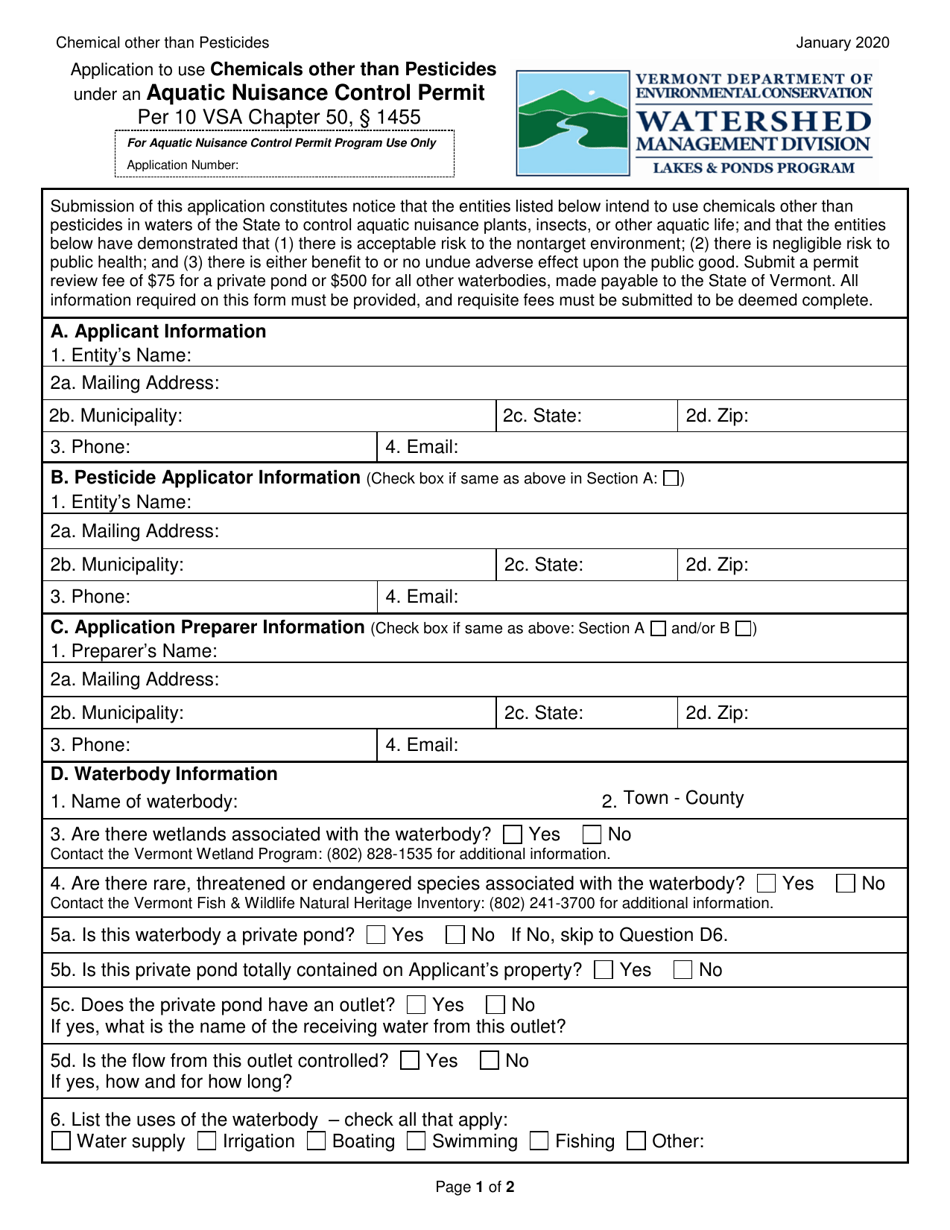 Application to Use Chemicals Other Than Pesticides Under an Aquatic Nuisance Control Permit - Vermont, Page 1
