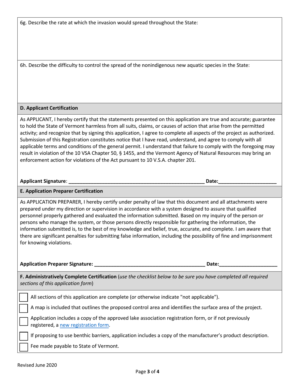 Aquatic Nuisance Control General Permit Registration - Rapid Response Control Activity - Vermont, Page 3
