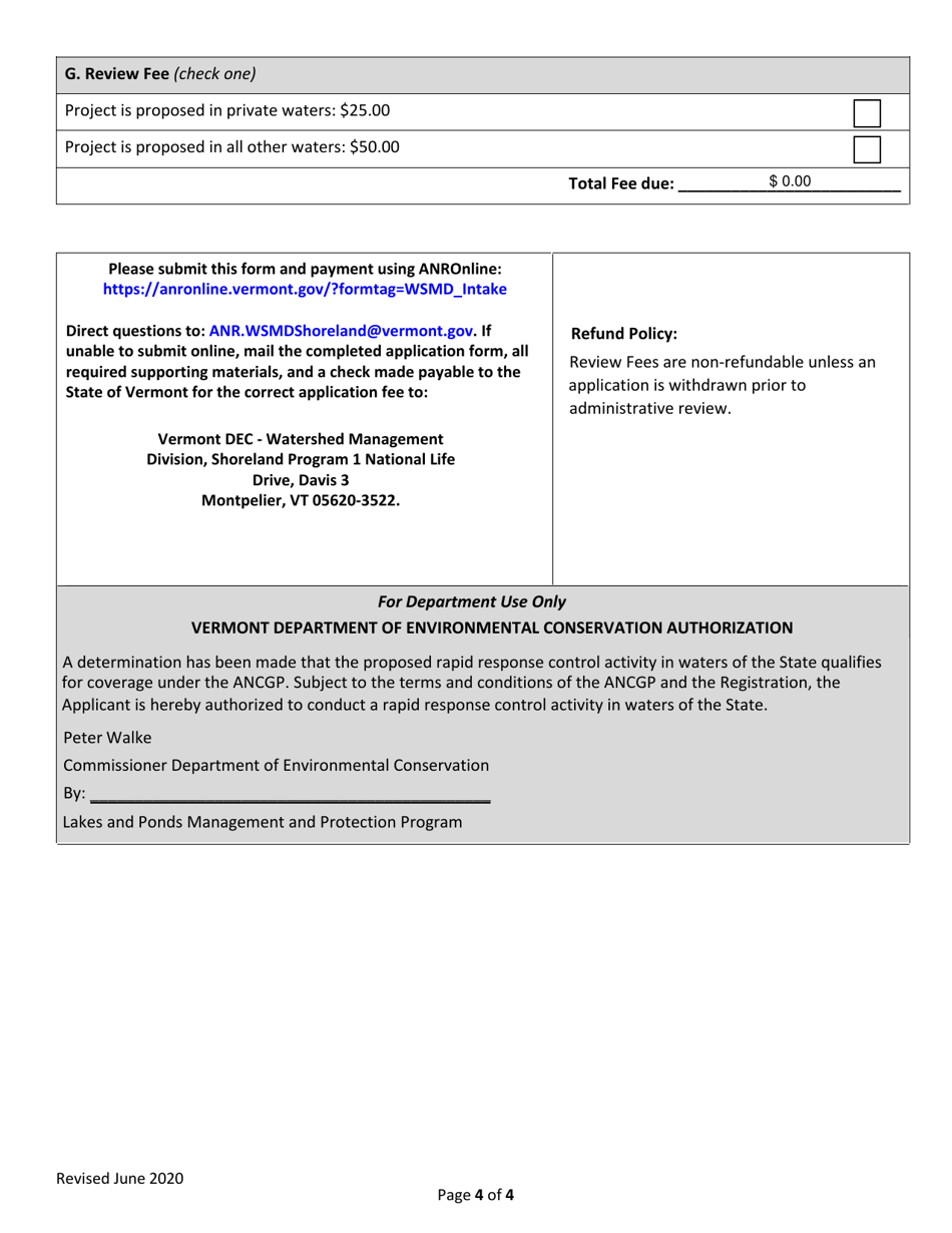 Aquatic Nuisance Control General Permit Registration - Rapid Response Control Activity - Vermont, Page 4