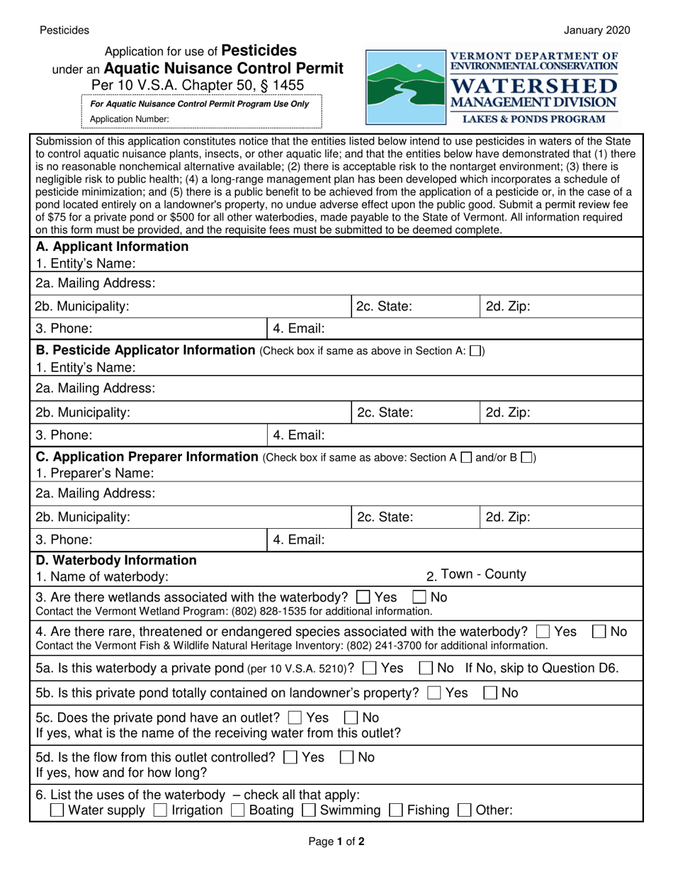 Application for Use of Pesticides Under an Aquatic Nuisance Control Permit - Vermont, Page 1