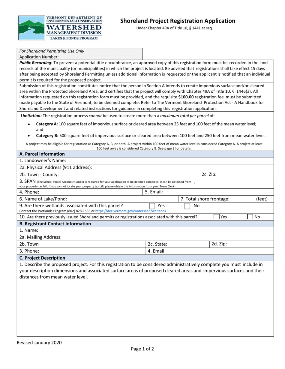 Shoreland Project Registration Application - Vermont, Page 1