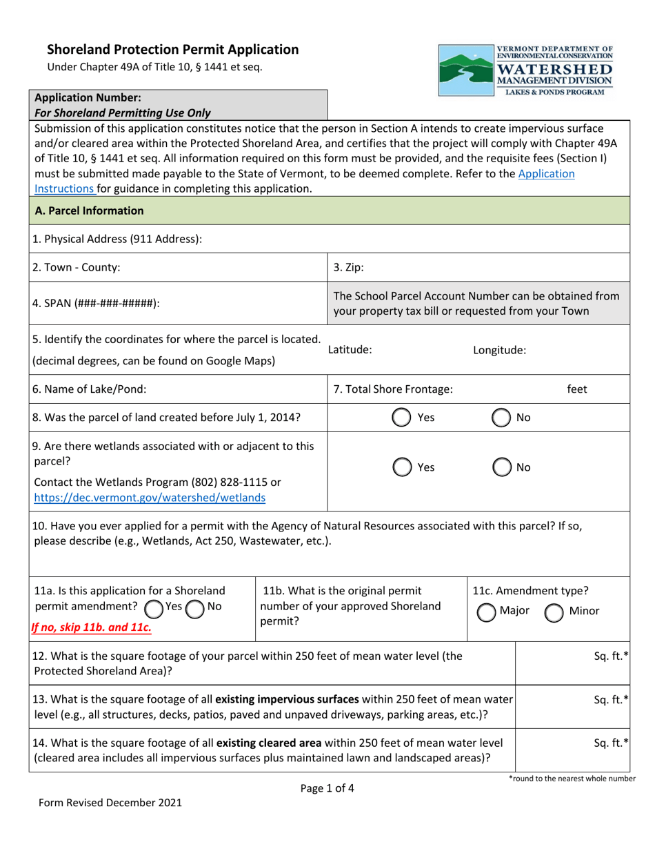 Shoreland Protection Permit Application - Vermont, Page 1