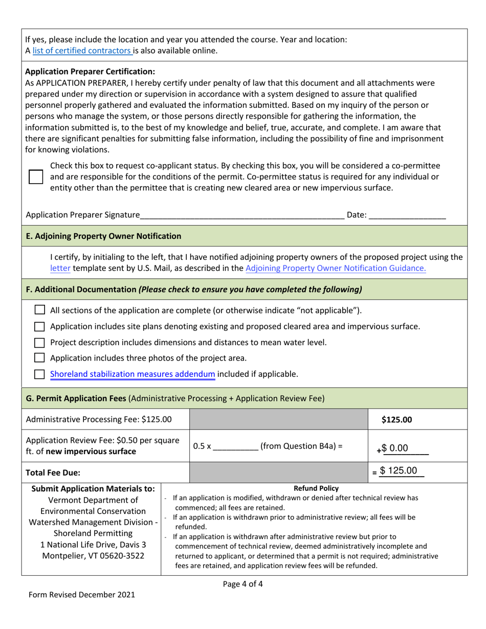 Shoreland Protection Permit Application - Vermont, Page 4