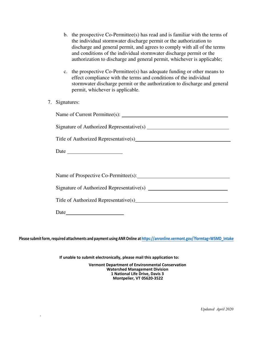 Application to Add Co-permittee(S) - Vermont, Page 2