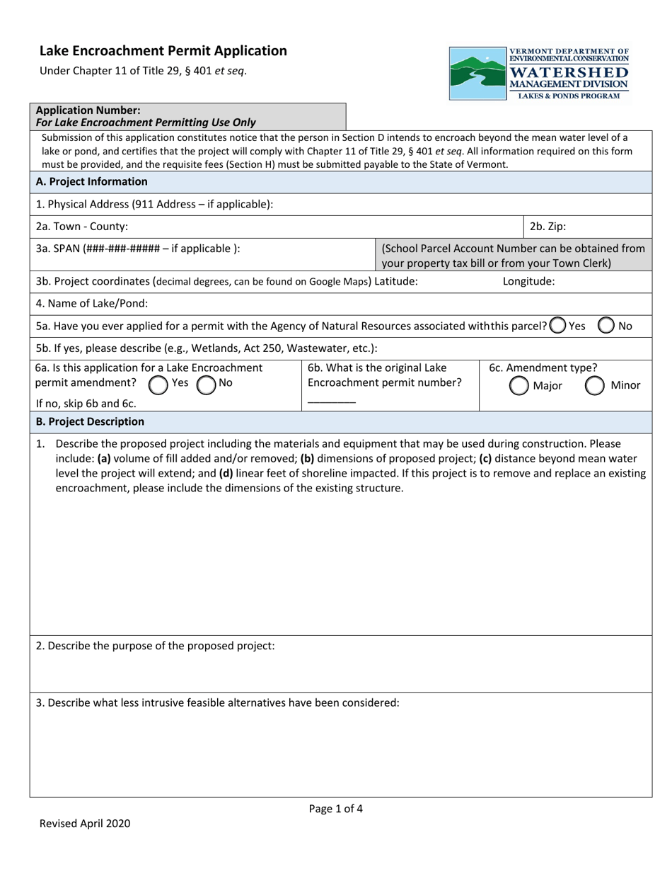 Lake Encroachment Permit Application - Vermont, Page 1