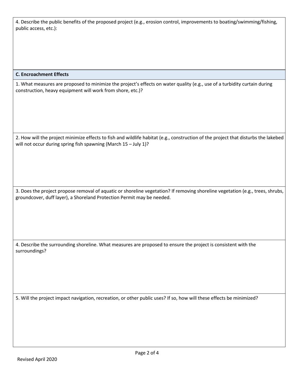 Lake Encroachment Permit Application - Vermont, Page 2