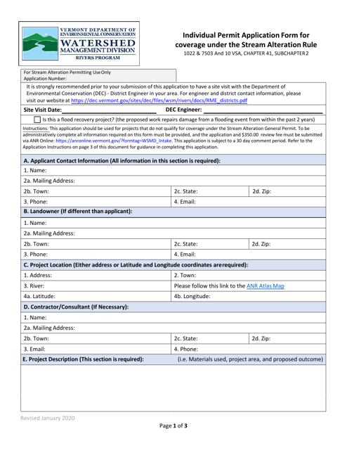 Individual Permit Application Form for Coverage Under the Stream Alteration Rule - Vermont Download Pdf