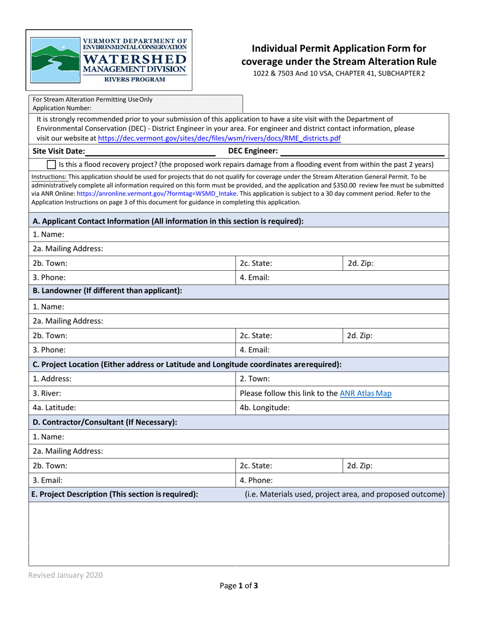 Individual Permit Application Form for Coverage Under the Stream Alteration Rule - Vermont, Page 1