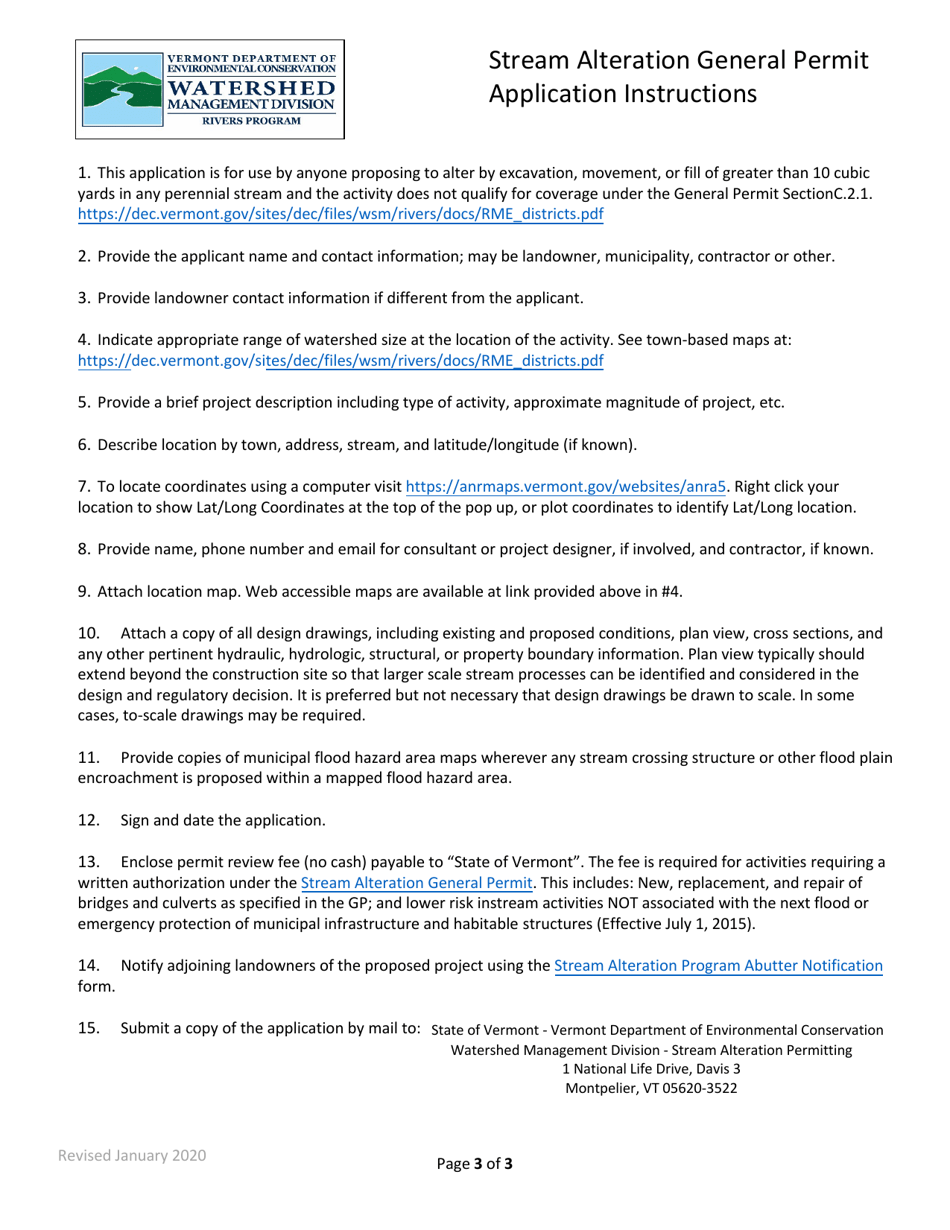 Individual Permit Application Form for Coverage Under the Stream Alteration Rule - Vermont, Page 3