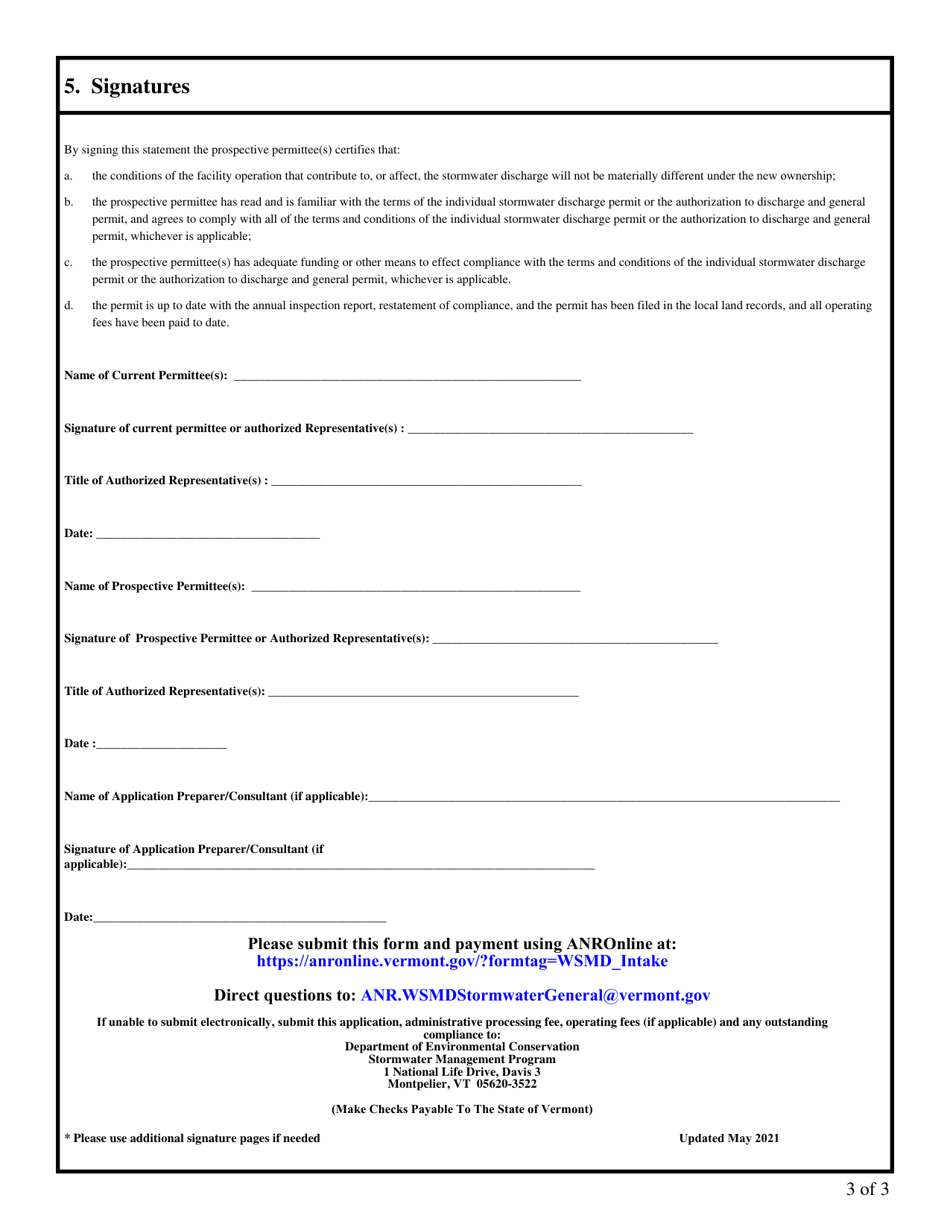 Application for Transfer of Operational Stormwater Permits - Vermont, Page 3
