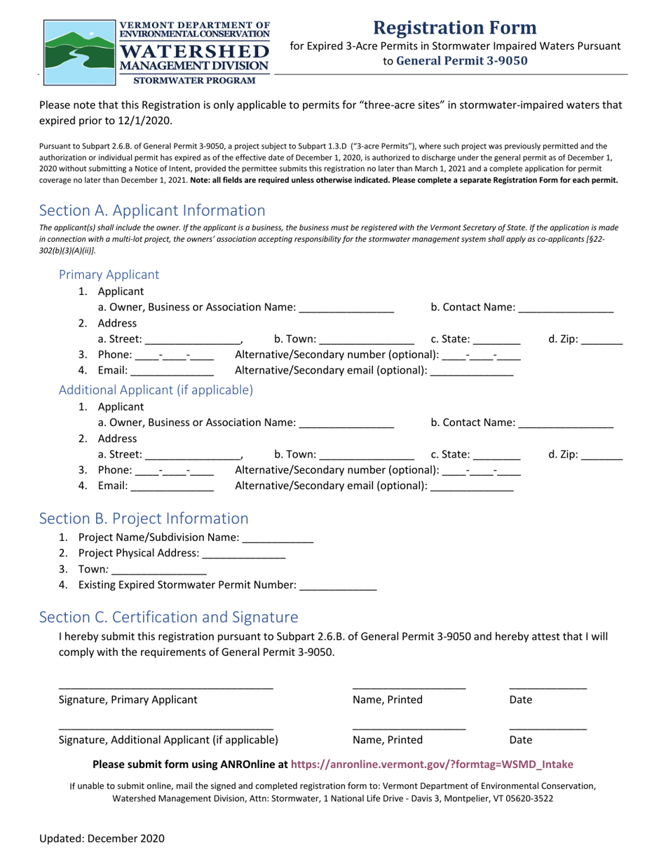 Registration Form for Expired 3-acre Permits in Stormwater Impaired Waters Pursuant to General Permit 3-9050 - Vermont, Page 1