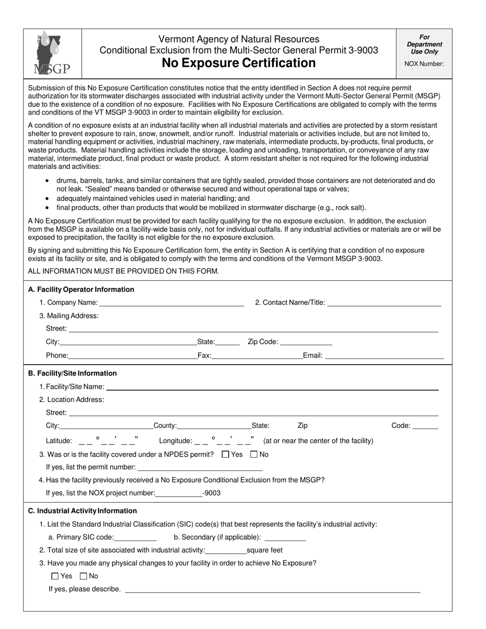 Vermont No Exposure Certification for Stormwater Discharge Associated