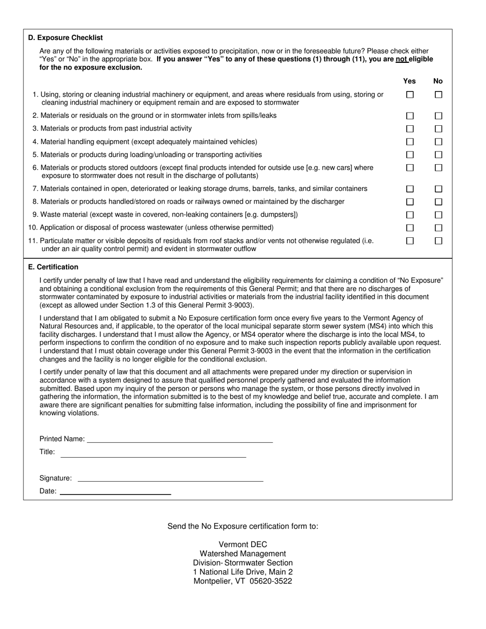 No Exposure Certification for Stormwater Discharge Associated With Industrial Activity Under the Vermont Multi-Sector General Permit 3-9003 - Vermont, Page 2