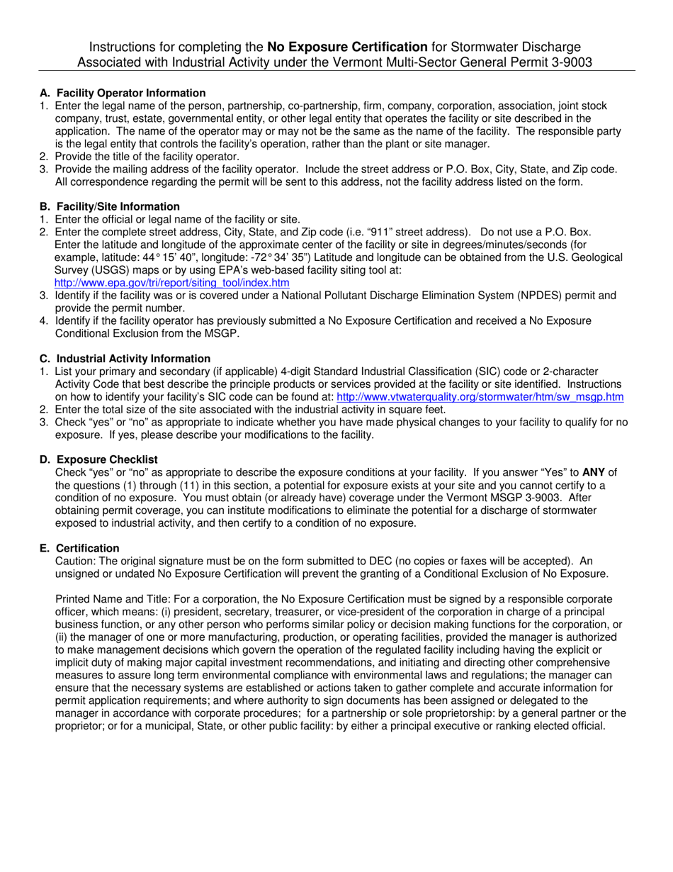 No Exposure Certification for Stormwater Discharge Associated With Industrial Activity Under the Vermont Multi-Sector General Permit 3-9003 - Vermont, Page 3